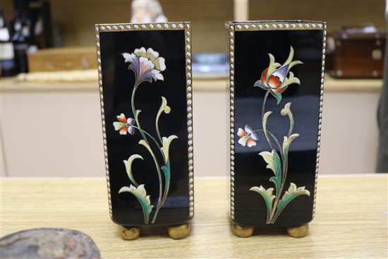 A pair of late 19th century Bohemian enamelled glass square vases, possibly Moser, and some counters height 20cm